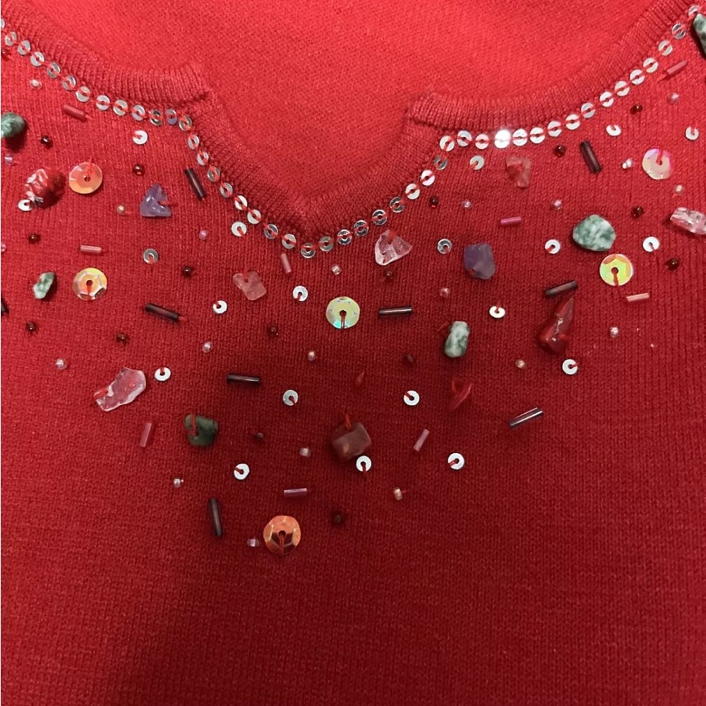 Uniform Petites Johnpaulrichard Red W/ Sequinens Stones 3/4 Sleeve Blouse Silk - Picture 6 of 6